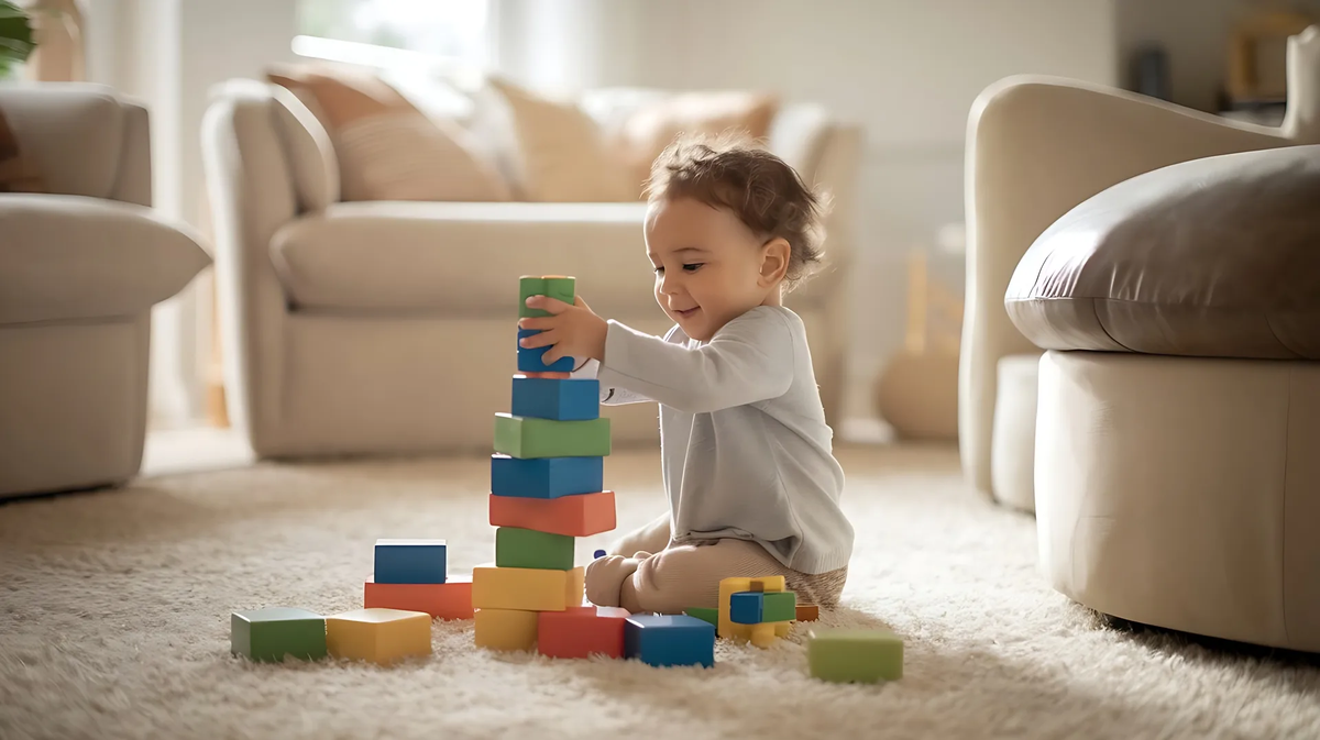 Toddler playing on a soft carpet floor