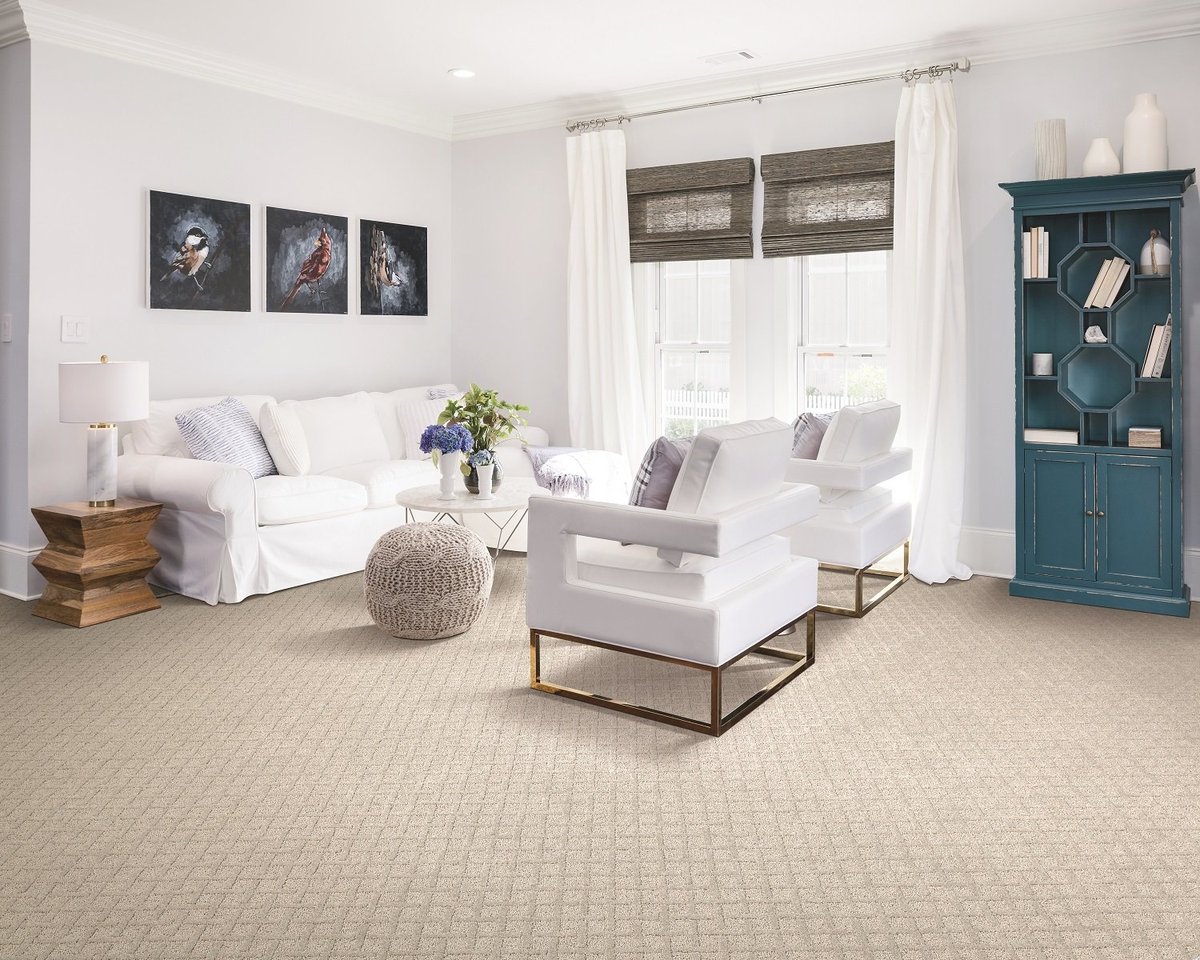 Patterned low pile carpet in a Portland, OR living room