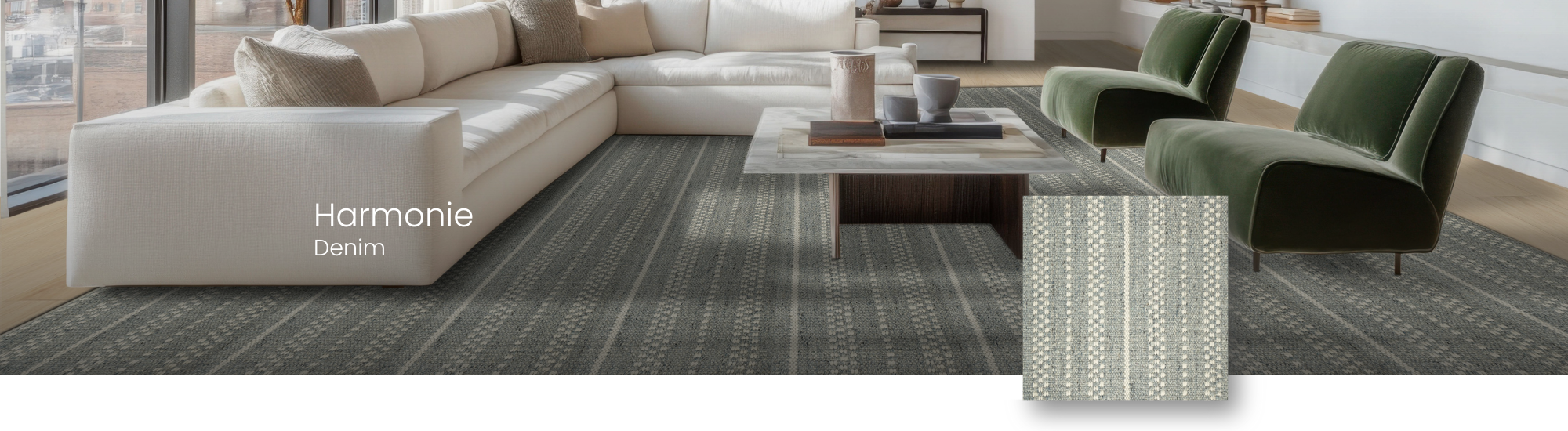 Karastan promotion featuring Denim carpet in a luxury living room