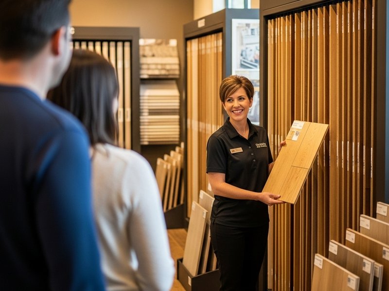 Flooring showroom staff member showing hardwood sample to customers