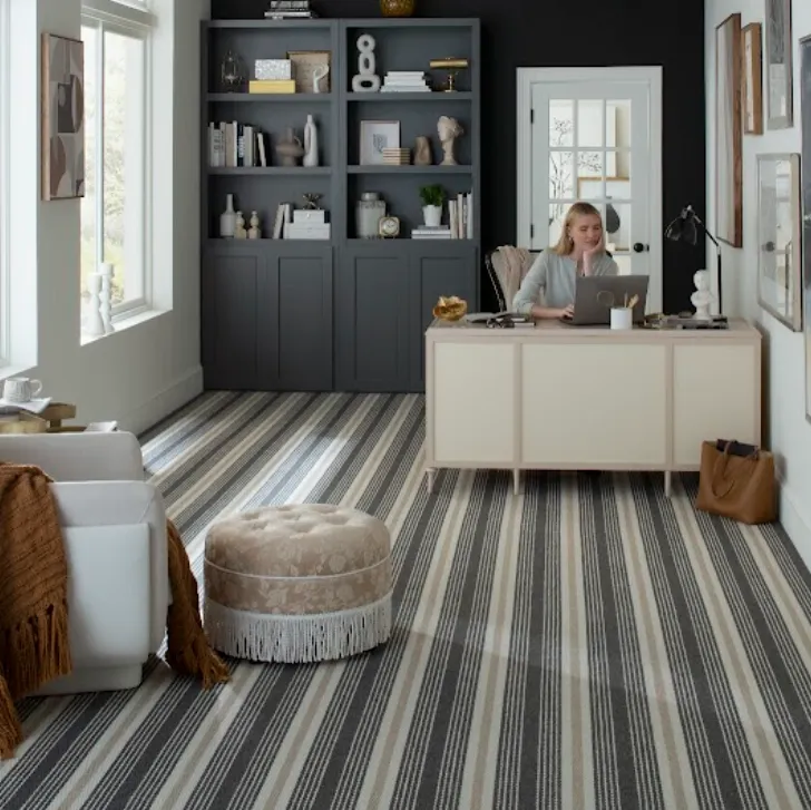 Striped Karastan Black Label carpet in a trendy home office