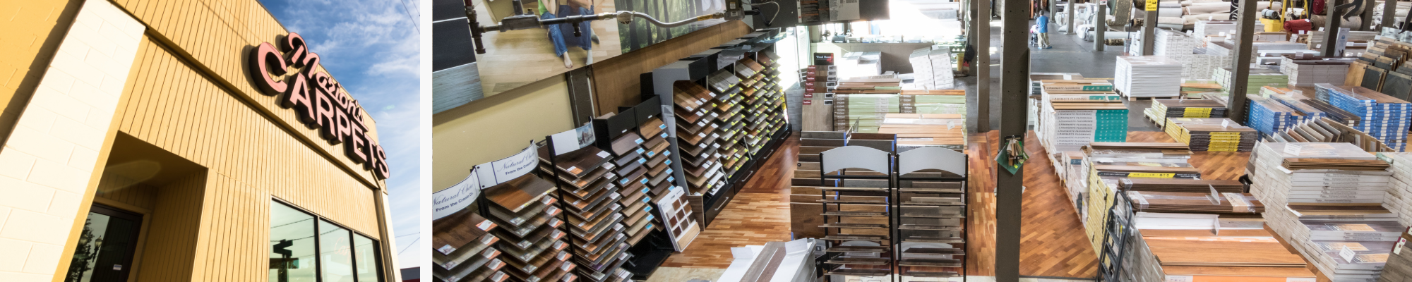 Photo of 50% off carpet remnants and hard flooring specials at Marion's flooring clearance warehouse in Portland Oregon