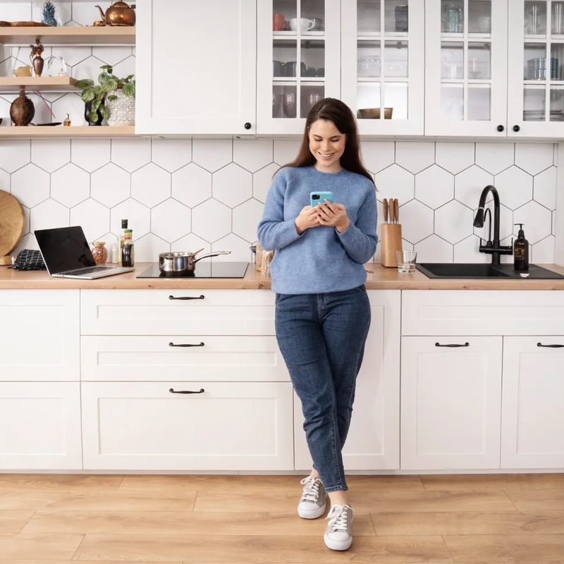 Laminate flooring in a bright trendy kitchen